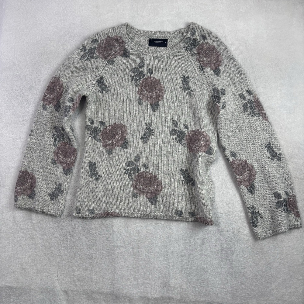 Lucky Brand Grey Floral Knit Long Sleeve Pullover Sweater Women's Medium